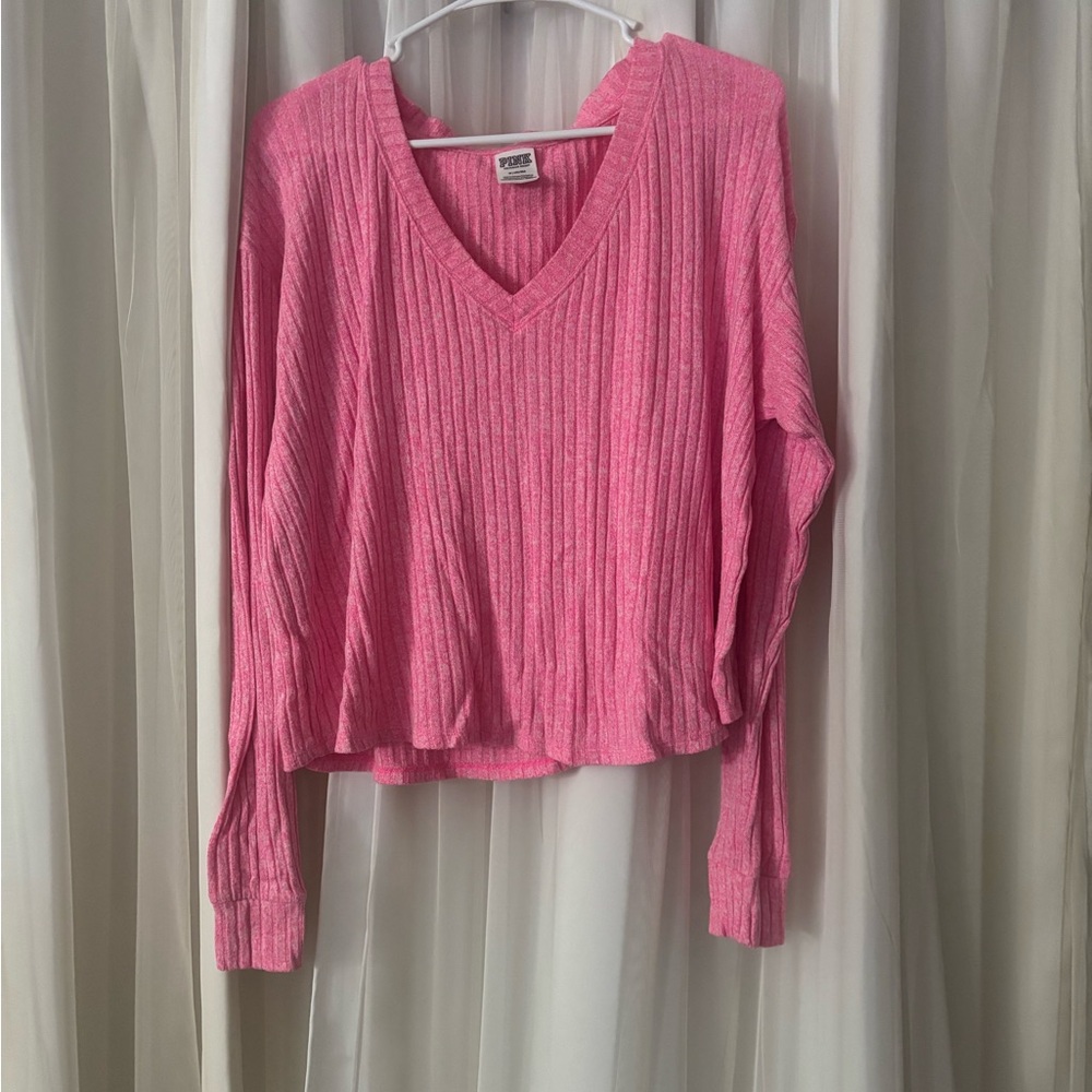 Pink V-Neck Ribbed Sweater